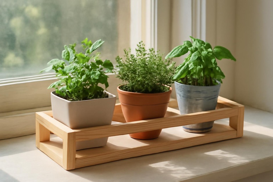 Modular windowsill planter with small herb pots on a sunny sill