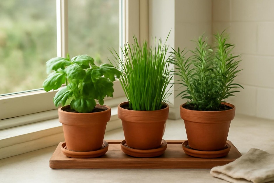 Small countertop herb station with basil, chives, and rosemary in pots near a kitchen window